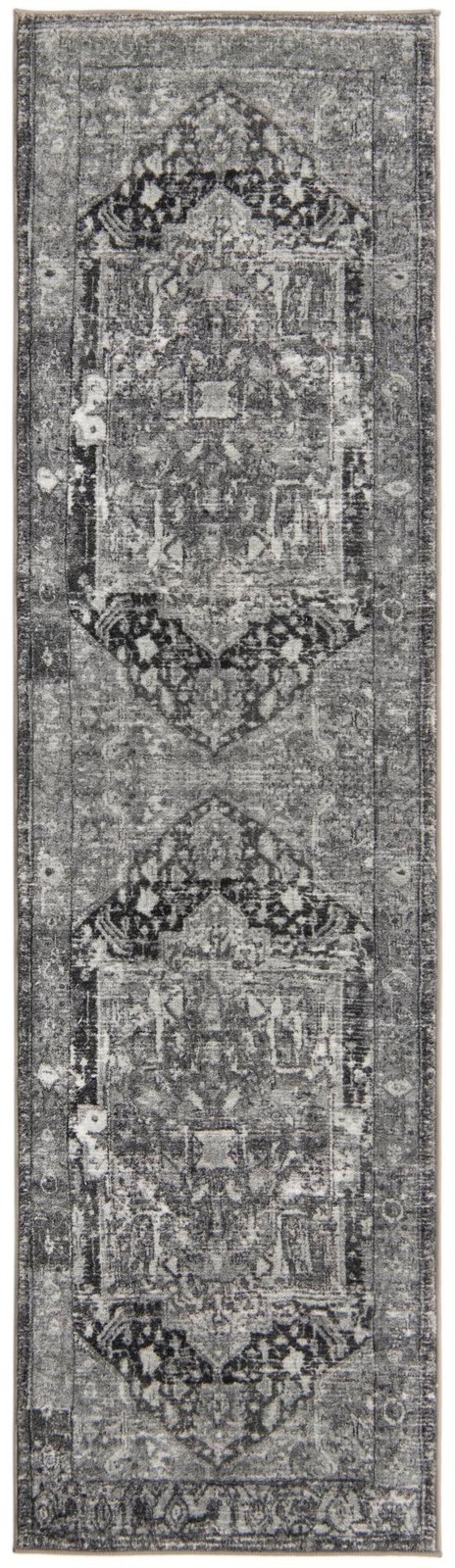 2' 2 x 7' 10 Balmer · Distressed medallion rug, gray and black