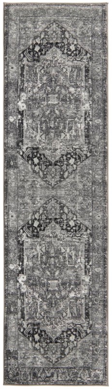 2' 2 x 7' 10 Balmer · Distressed medallion rug, gray and black