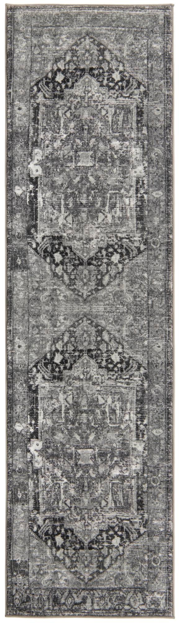 2' 2 x 7' 10 Balmer · Distressed medallion rug, gray and black