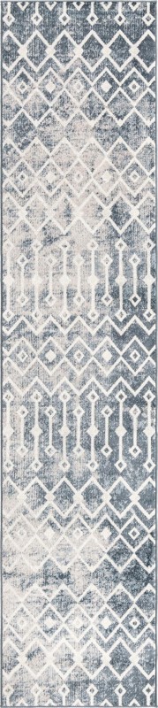 2' 7 x 12' Eugene · Geometric trellis rug, blue and ivory