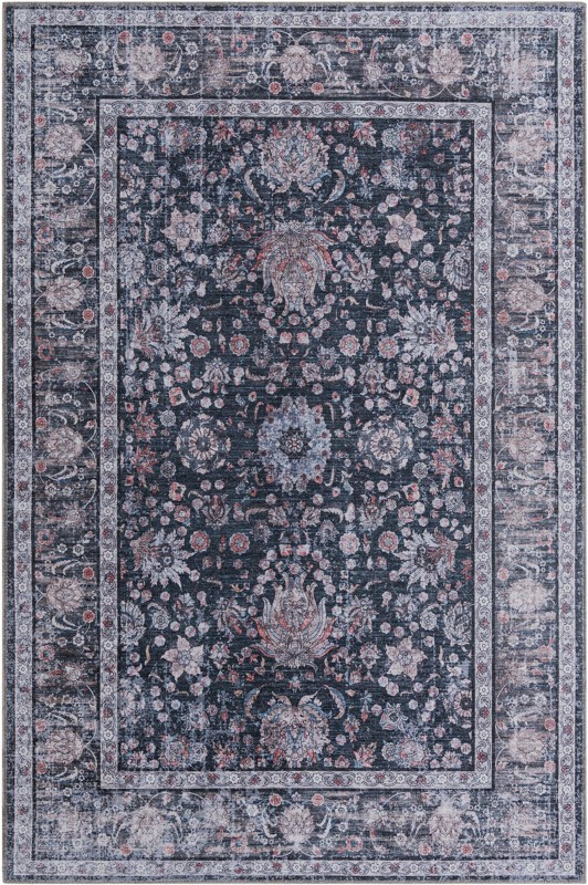 6' x 9' Bertie · Distressed floral rug, ink and ivory