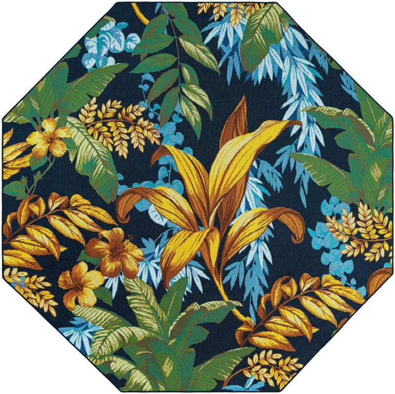 7' 10 x 7' 10 Lomax · Tropical leaves Outdoor Rug, navy and gold