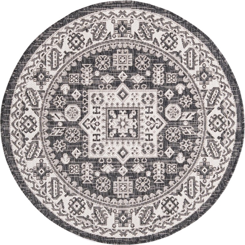 3' x 3' Bellamy · Tribal medallion Outdoor Rug, charcoal and ivory