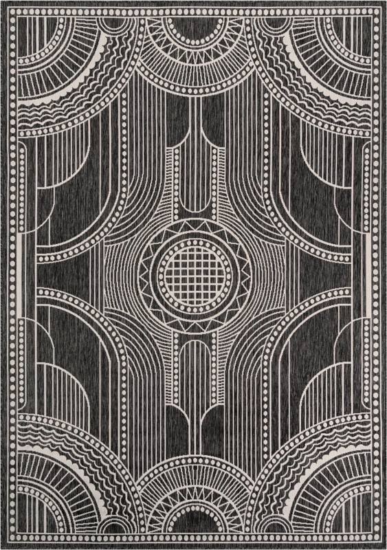 7' 1 x 10' Brough · Border Outdoor Rug, black and white