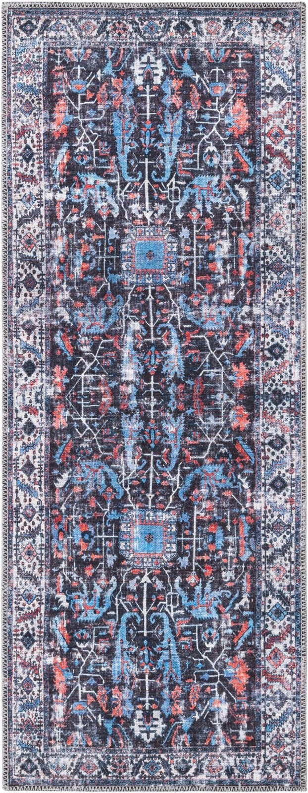 2' x 5' Redfern · Distressed medallion Washable Rug, black and blue