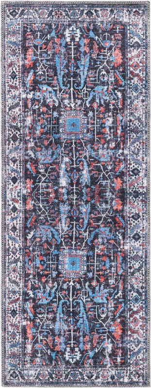 2' x 5' Redfern · Distressed medallion Washable Rug, black and blue