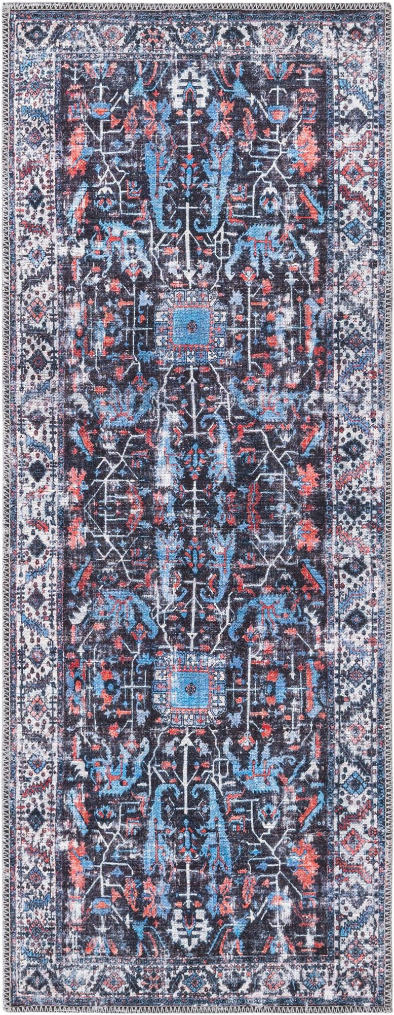 2' x 5' Redfern · Distressed medallion Washable Rug, black and blue
