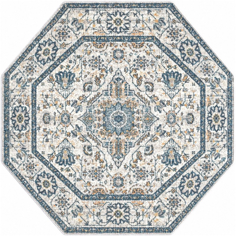 5' x 5' Thane · Medallion rug, gray and blue