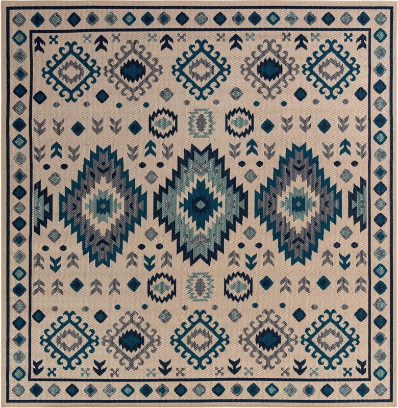 10' x 10' Whitfield · Geometric tribal Outdoor Rug, beige and blue