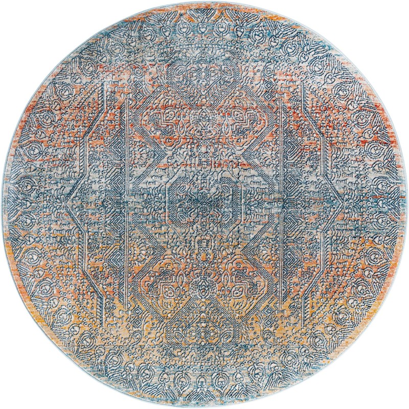 5' 3 x 5' 3 Severs · Distressed medallion rug, blue and terracotta