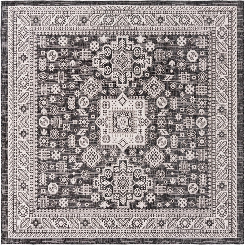 7' 10 x 7' 10 Bellamy · Tribal medallion Outdoor Rug, charcoal and ivory