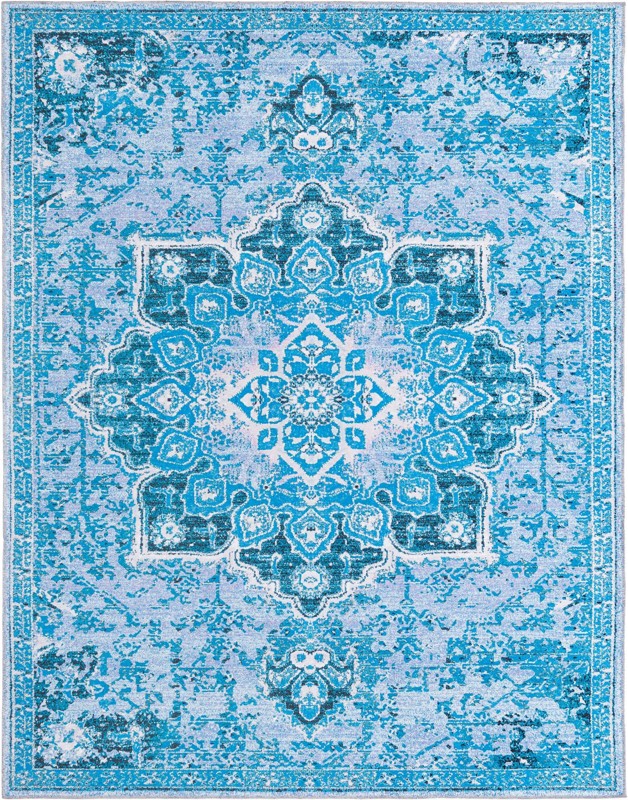 10' 6 x 13' Rideout · Medallion Washable Rug, aqua and navy