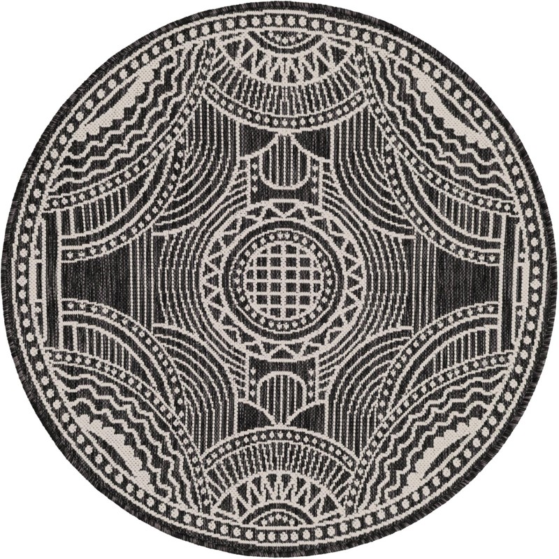 3' 1 x 3' 1 Brough · Medallion Outdoor Rug, black and white