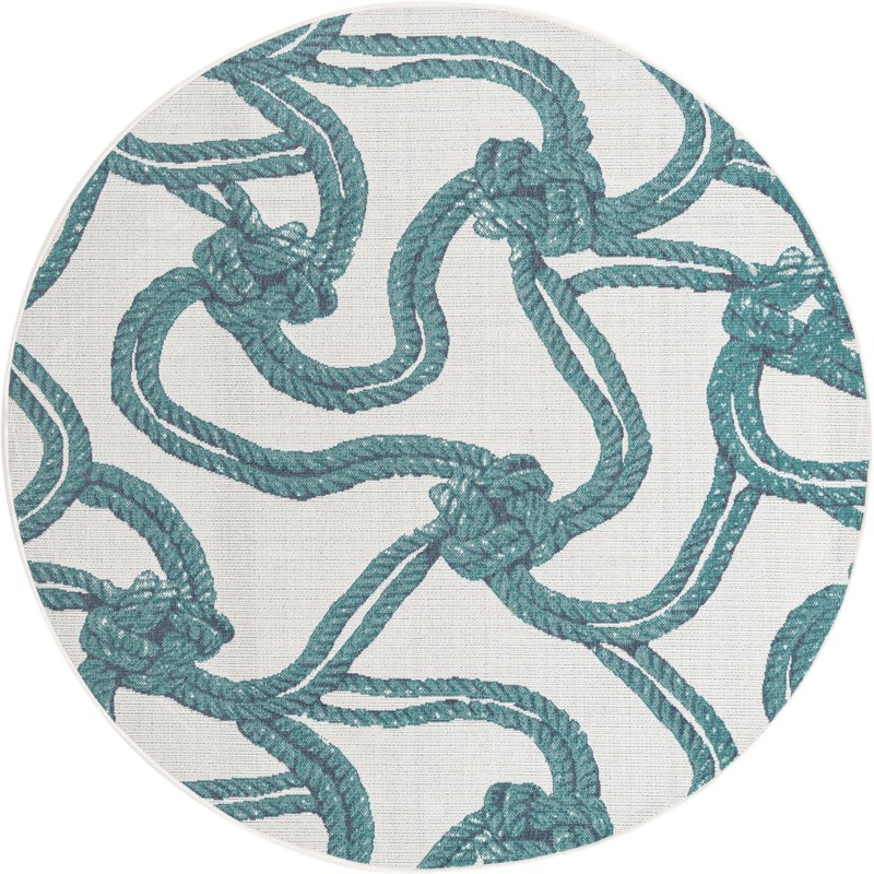 7' x 7' Calder · Nautical rope Outdoor Rug, teal and ivory