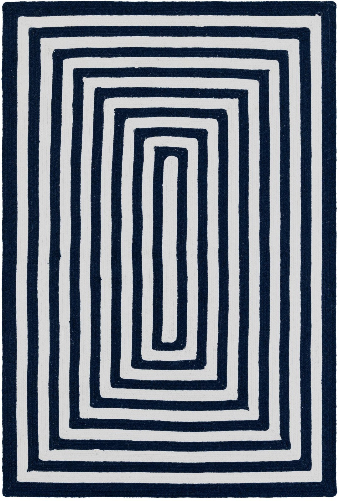 4' 1 x 6' 1 Dennison · Geometric border Washable Outdoor Rug, navy and white