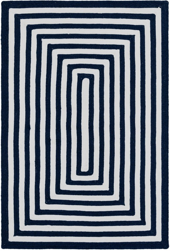 Dennison · Geometric border Washable Outdoor Rug, navy and white