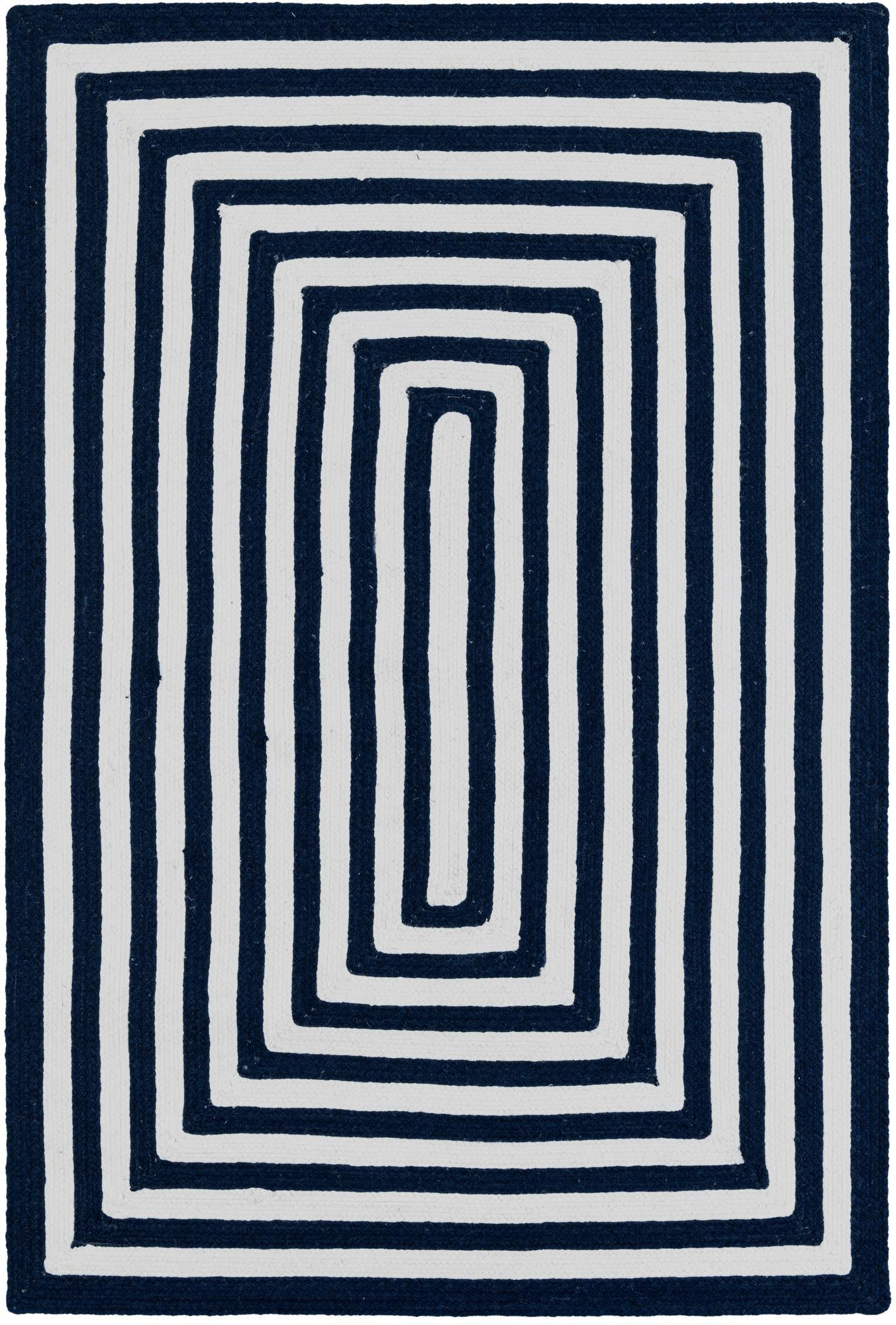4' 1 x 6' 1 Dennison · Geometric border Washable Outdoor Rug, navy and white