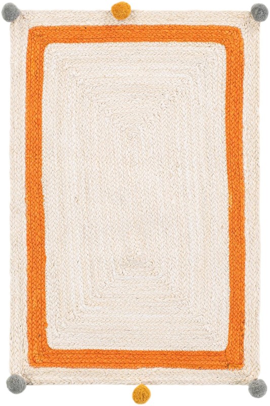 2' x 3' 1 Godwin · Border Wool Braided Jute Rug, white, orange and gray