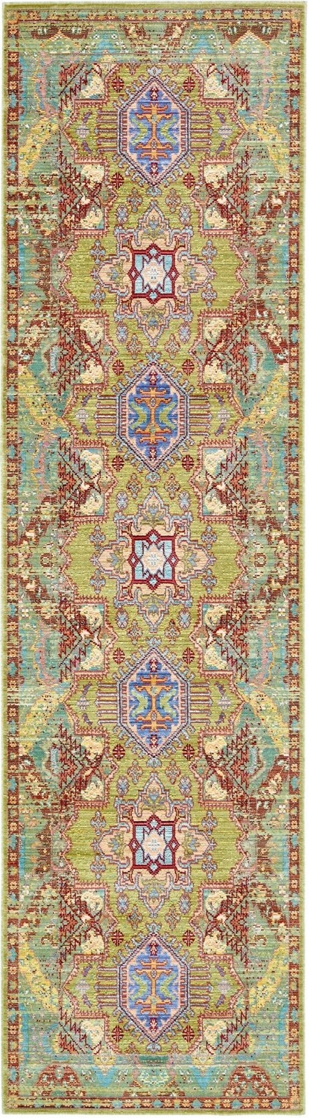 2' 7 x 9' 10 Sherman · Medallion runner rug, green and red