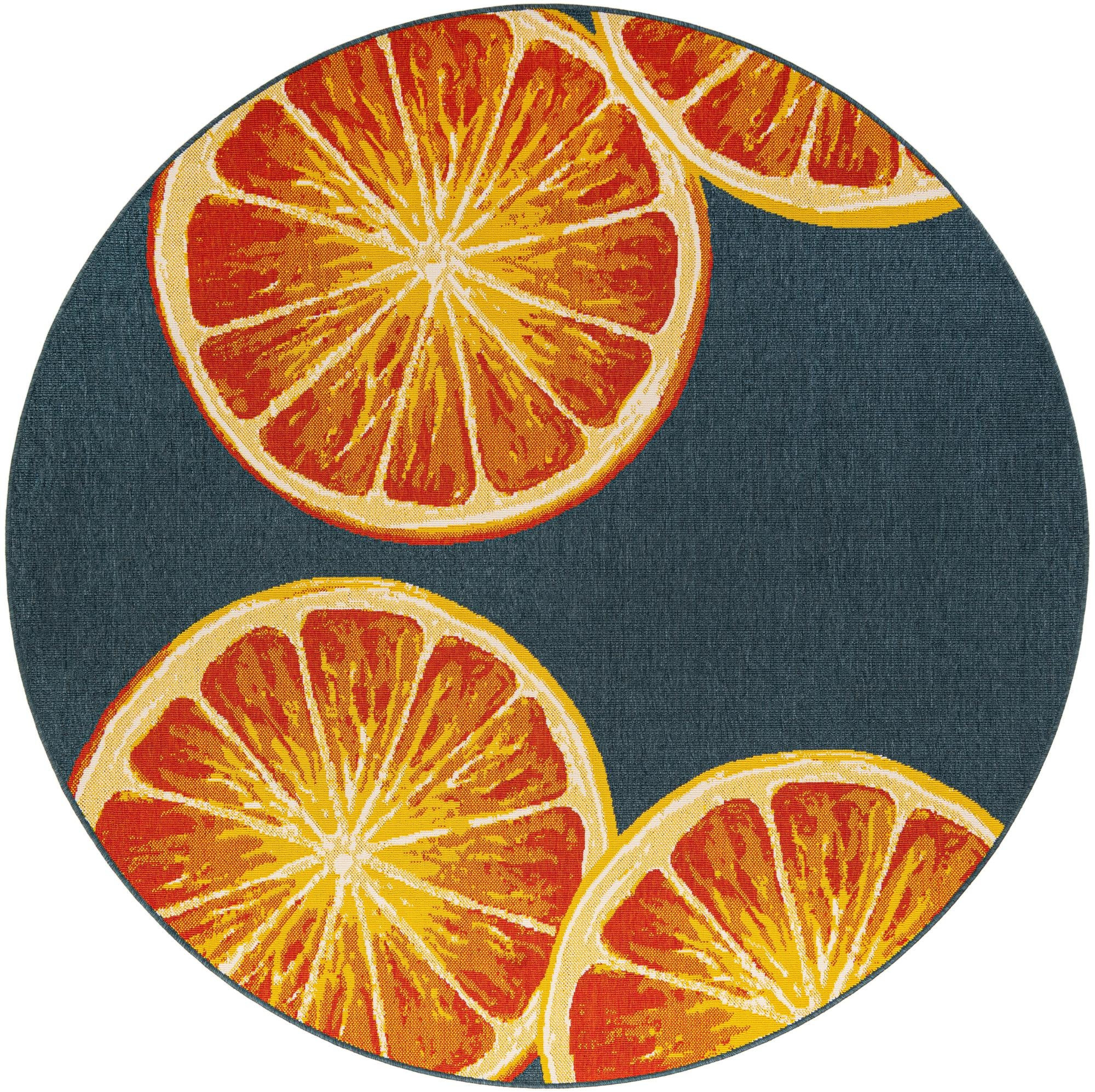 7' 10 x 7' 10 Hurley · Citrus slice Outdoor Rug, navy and orange