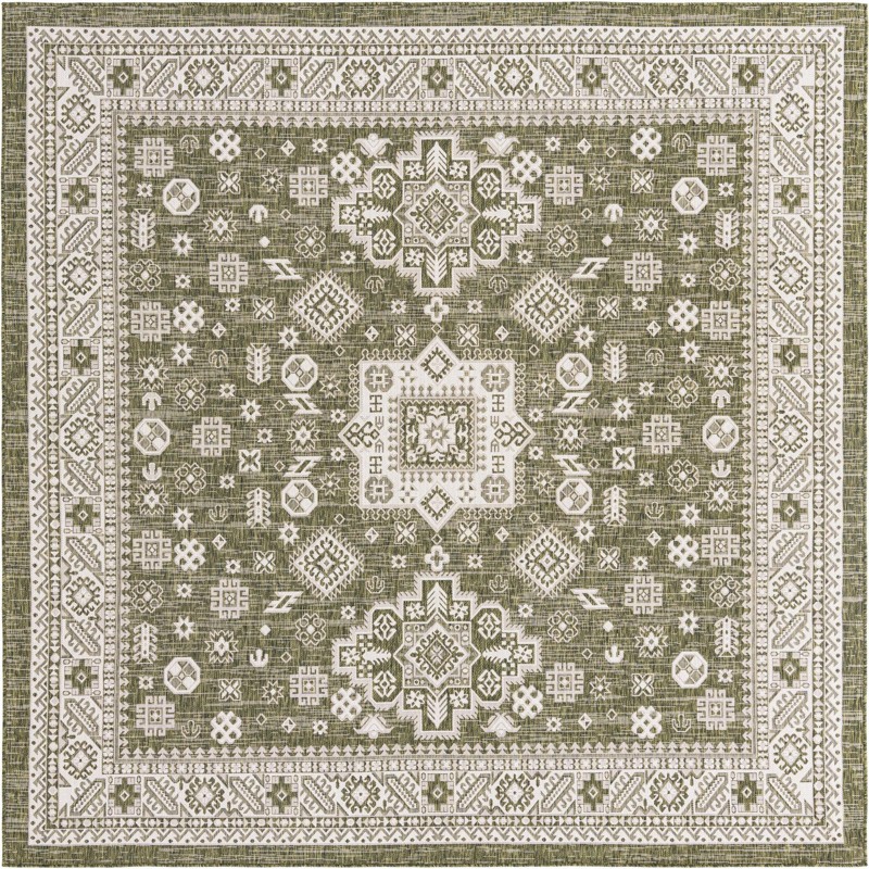 10' x 10' Bellamy · Geometric medallion Outdoor Rug, green and ivory