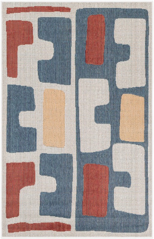 4' 1 x 6' 1 Wainwright · Abstract Outdoor Rug, ivory and blue