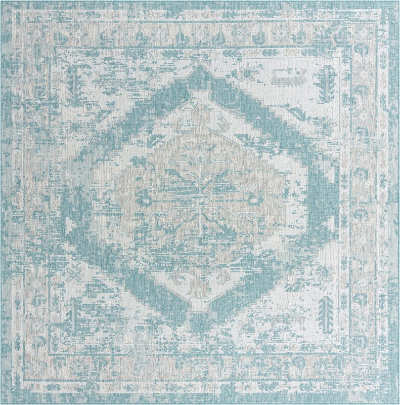 13' x 13' Wylie · Distressed medallion Outdoor Rug, aqua and ivory