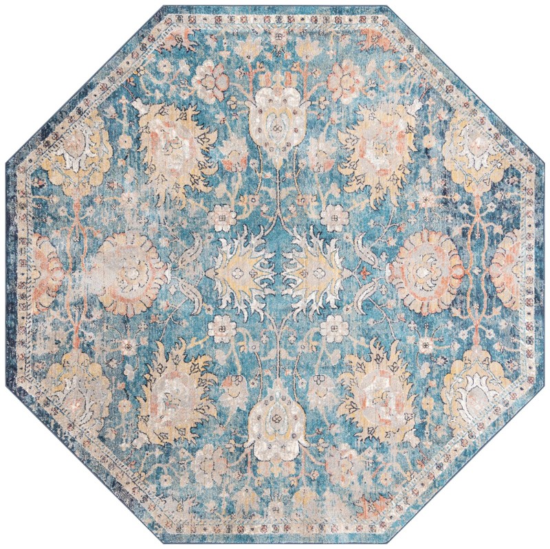 7' 10 x 7' 10 Ansel · Distressed floral rug, blue and tan