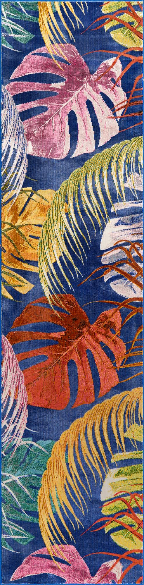 2' x 8' Britton · Tropical leaf rug, blue and multi