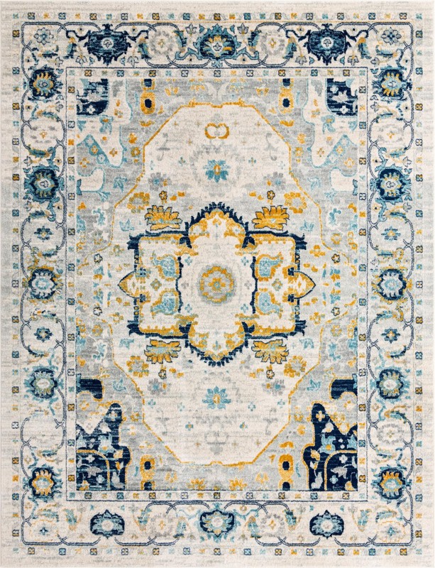 10' x 13' Pierce · Medallion rug, gray, blue and yellow
