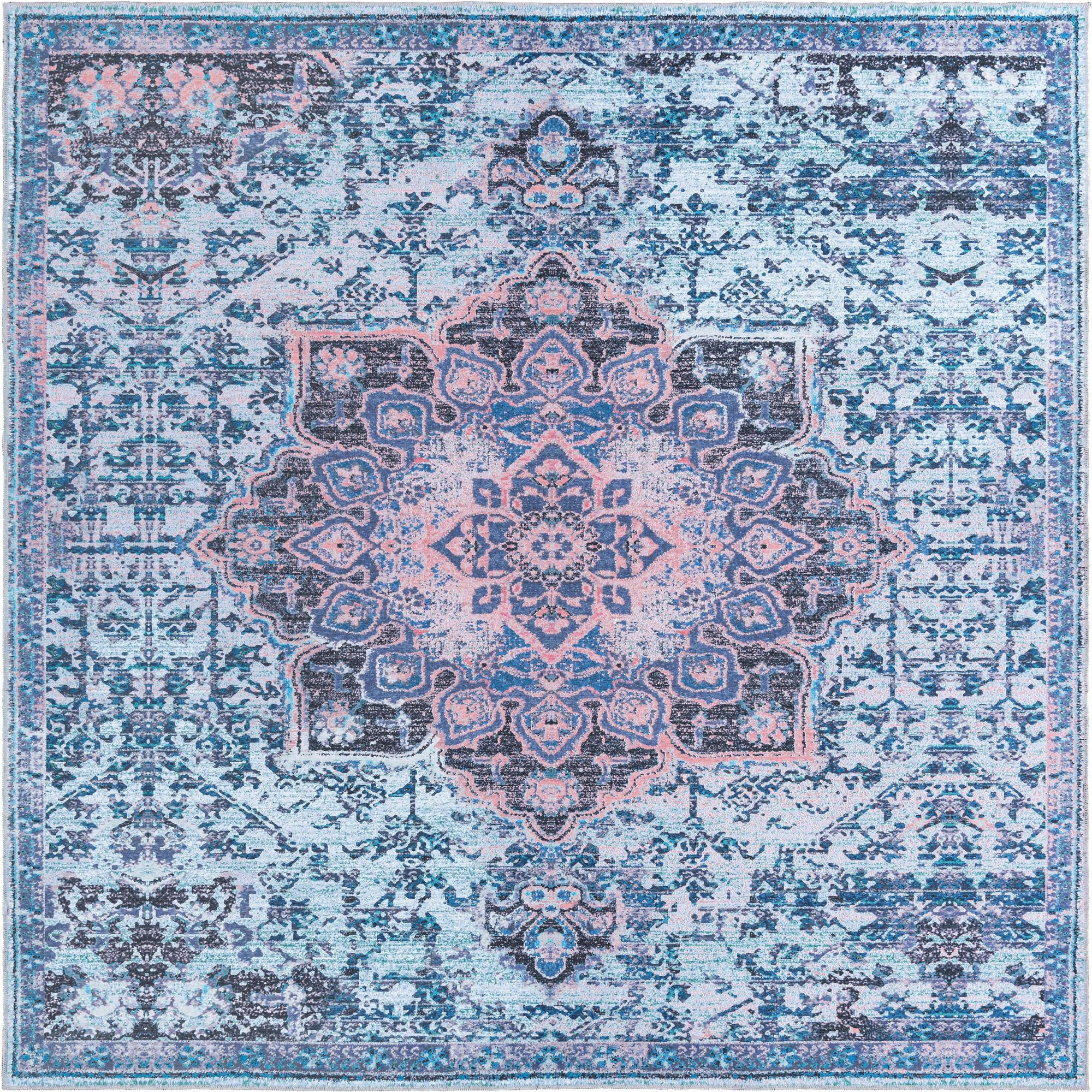 10' 6 x 10' 6 Rideout · Distressed medallion Washable Rug, blue and pink