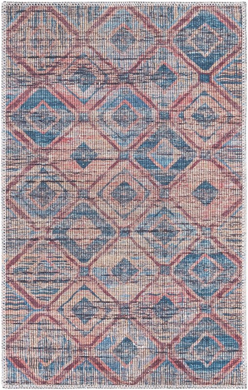 2' x 3' Torrance · Geometric diamond Washable Rug, peach and blue