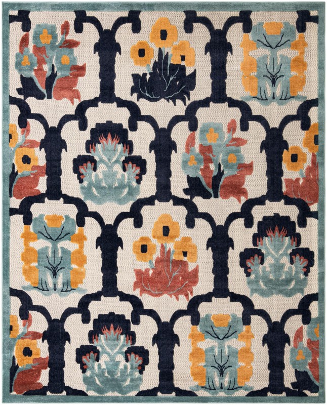 9' x 12' Bandera · Floral lattice Outdoor Rug, ivory and navy