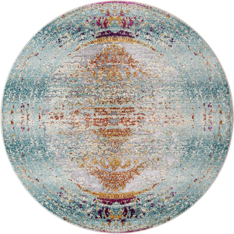5' x 5' Egret · Distressed medallion rug, blue and orange