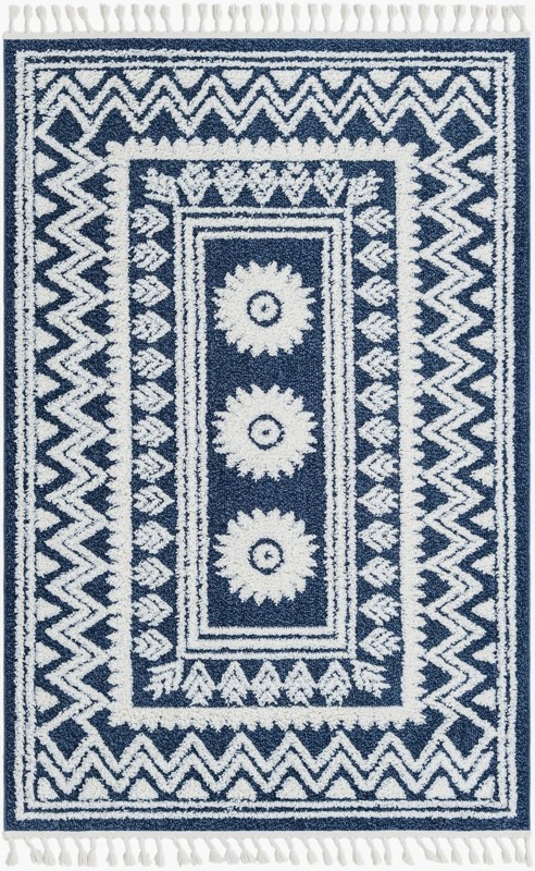 5' 3 x 8' Carlin · Geometric border rug, blue and ivory