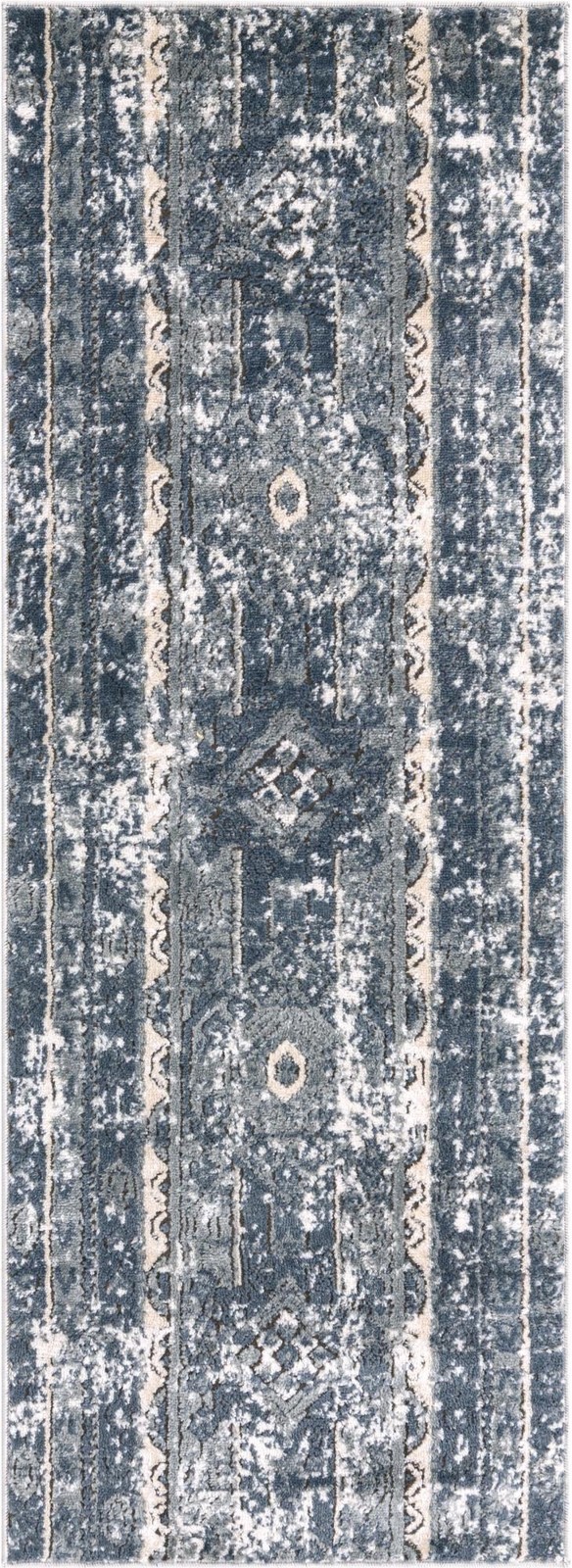 2' x 6' Grouse · Distressed striped rug, blue and beige