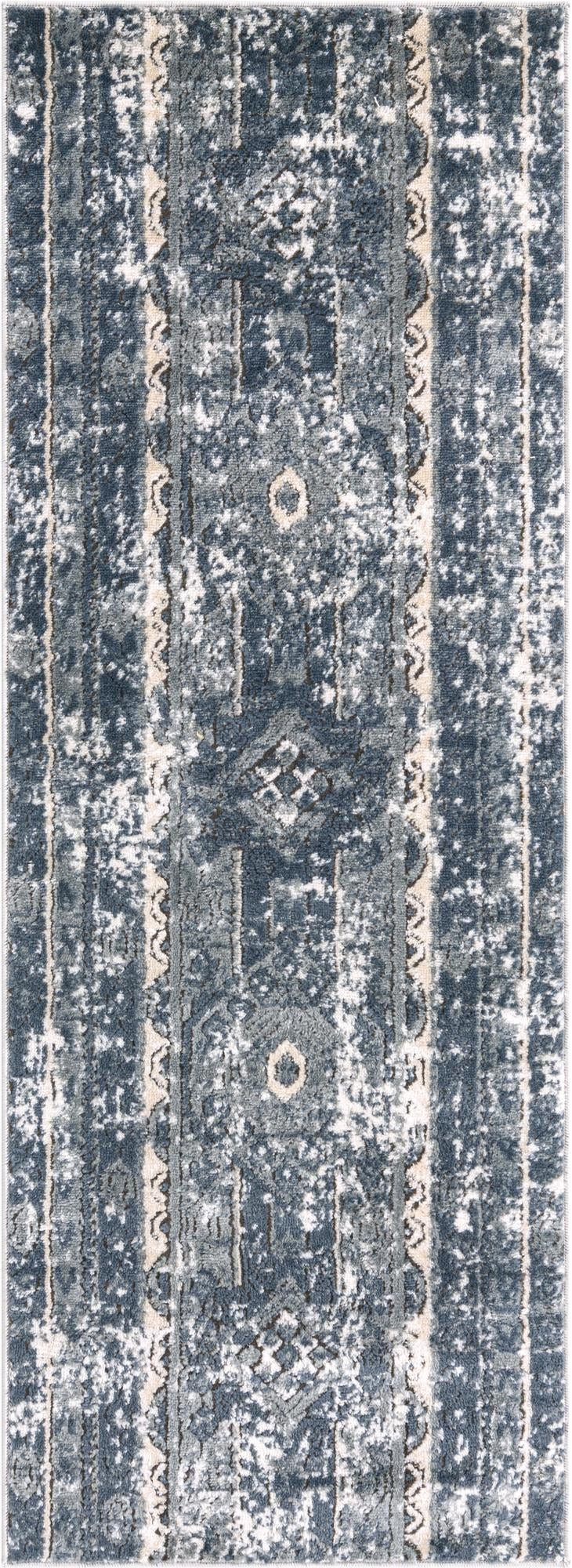 2' x 6' Grouse · Distressed striped rug, blue and beige