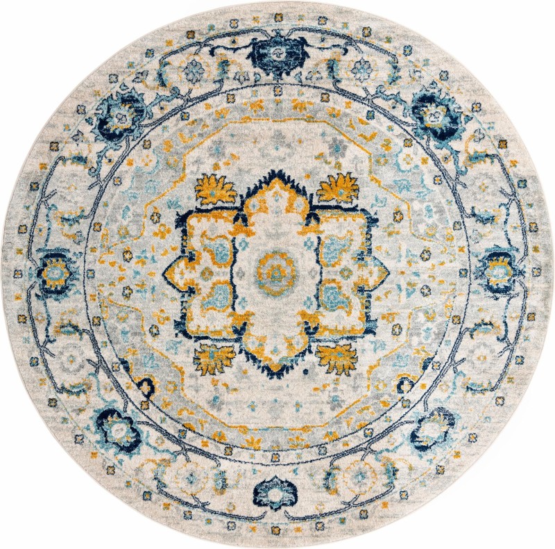 7' 10 x 7' 10 Pierce · Medallion rug, gray, blue and yellow