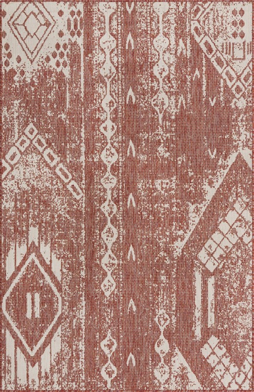 5' 3 x 8' Wildman · Tribal geometric Outdoor Rug, rust and ivory