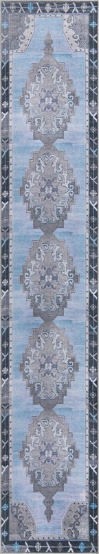 2' 6 x 14' Sanderson · Medallion Washable Rug, blue and gray