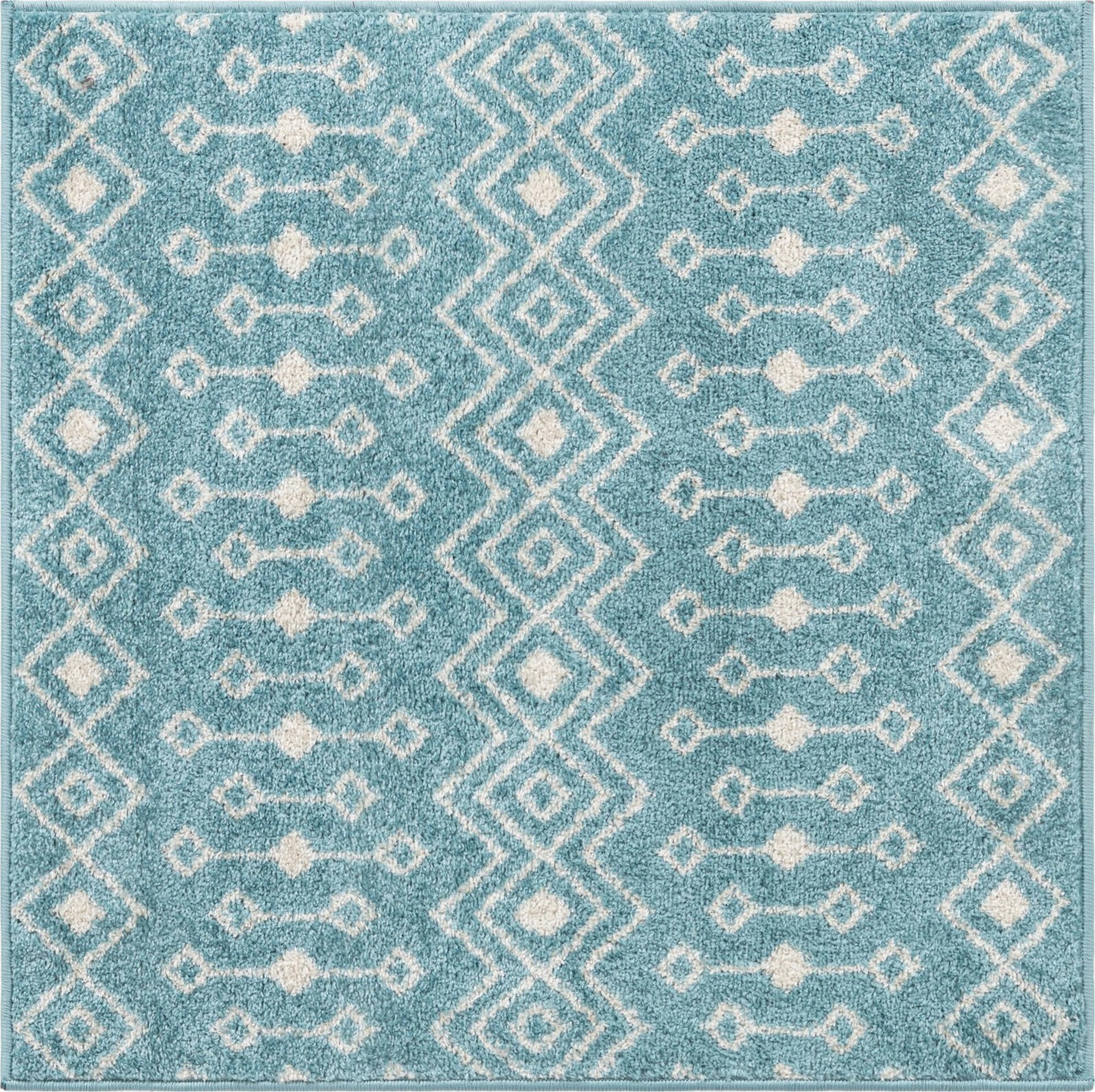 3' 3 x 3' 3 Boswell · Geometric trellis rug, aqua and ivory