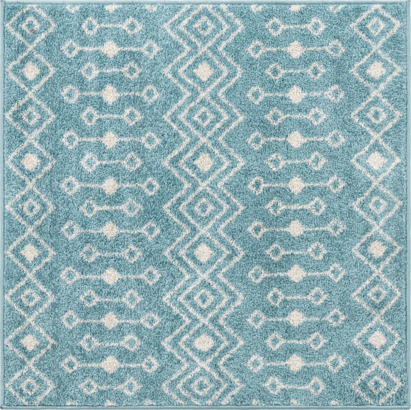 3' 3 x 3' 3 Boswell · Geometric trellis rug, aqua and ivory