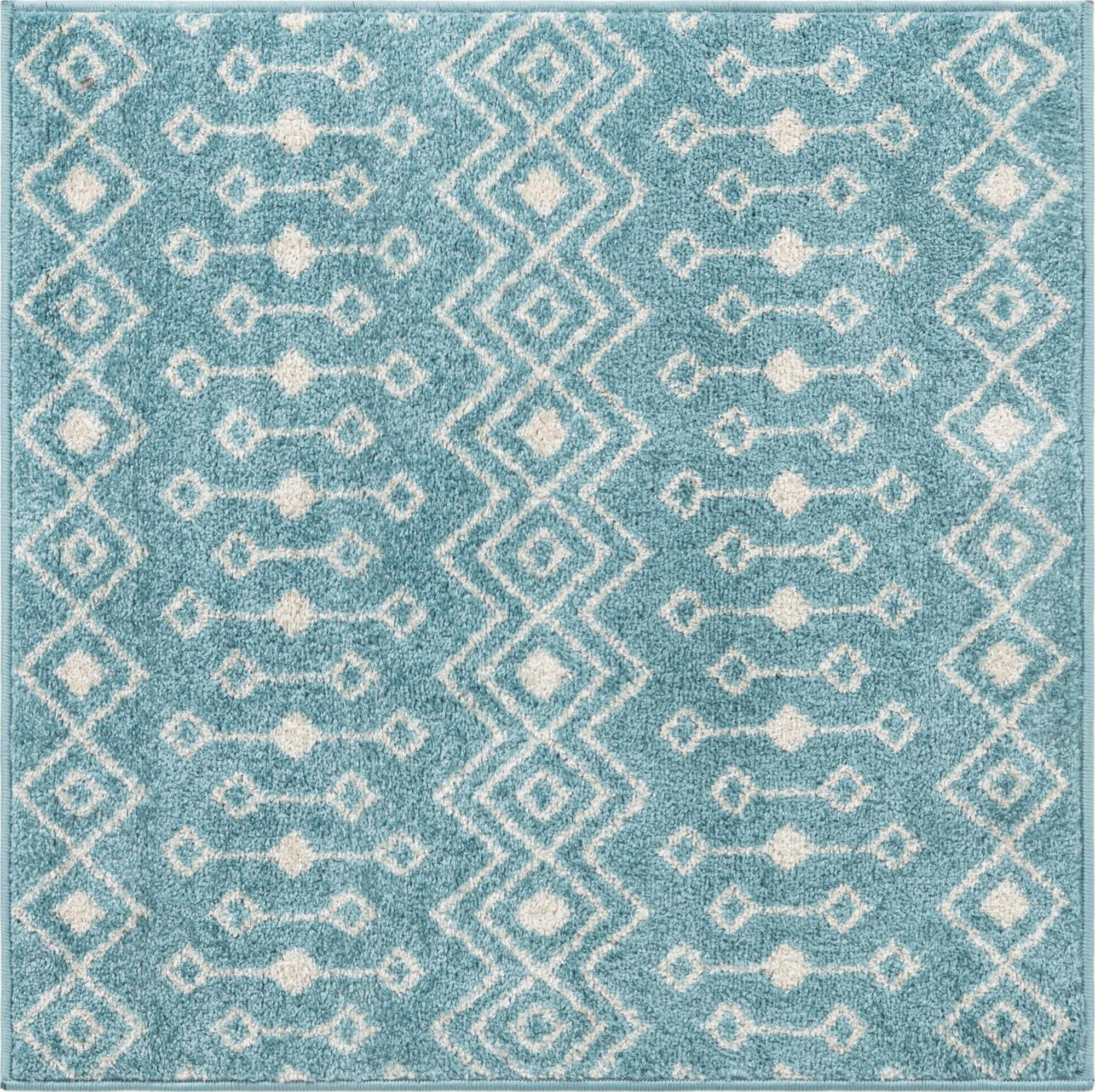 3' 3 x 3' 3 Boswell · Geometric trellis rug, aqua and ivory