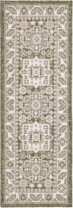 Bellamy · Geometric medallion Outdoor Rug, green and ivory