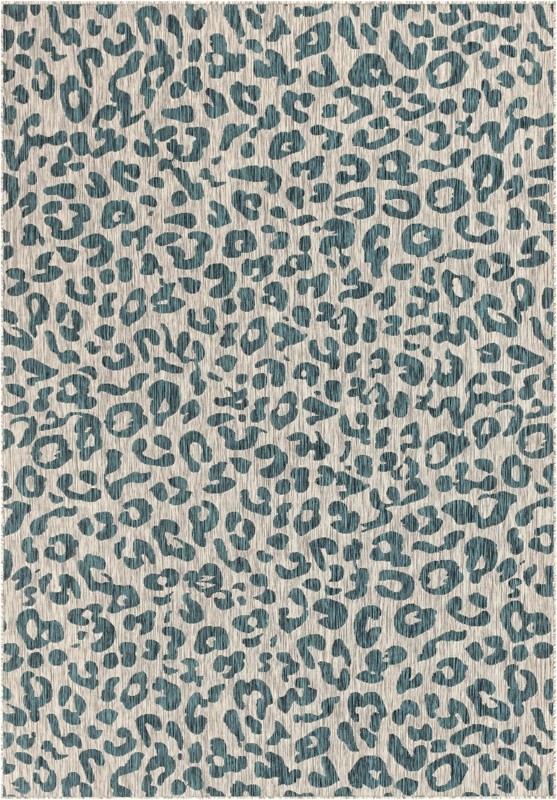 7' 10 x 11' Cardamom · Leopard print Outdoor Rug, teal and ivory