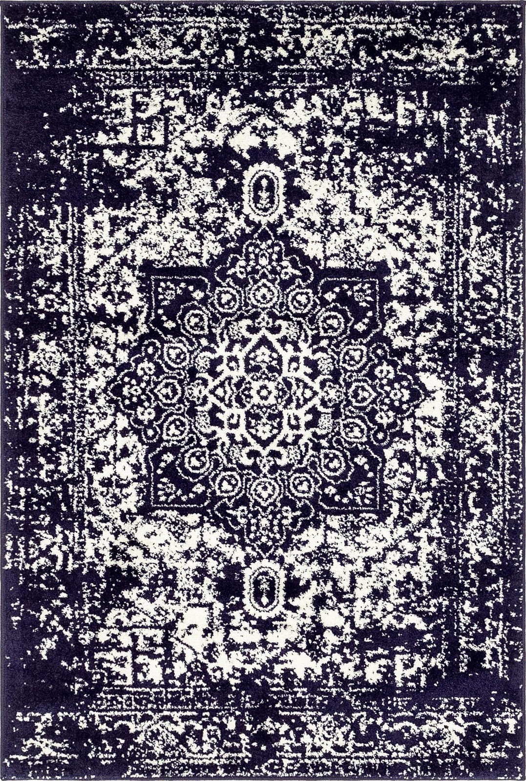 4' x 6' Birch · Distressed medallion rug, navy and ivory