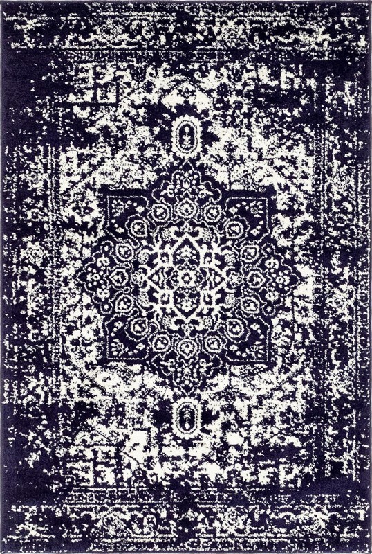 4' x 6' Birch · Distressed medallion rug, navy and ivory