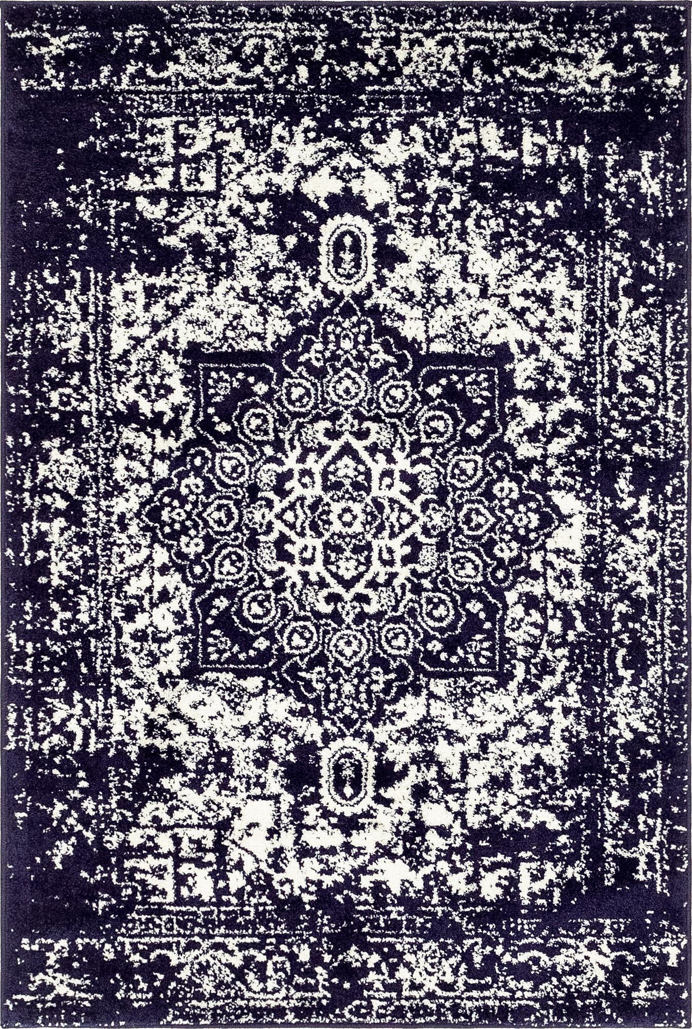 4' x 6' Birch · Distressed medallion rug, navy and ivory
