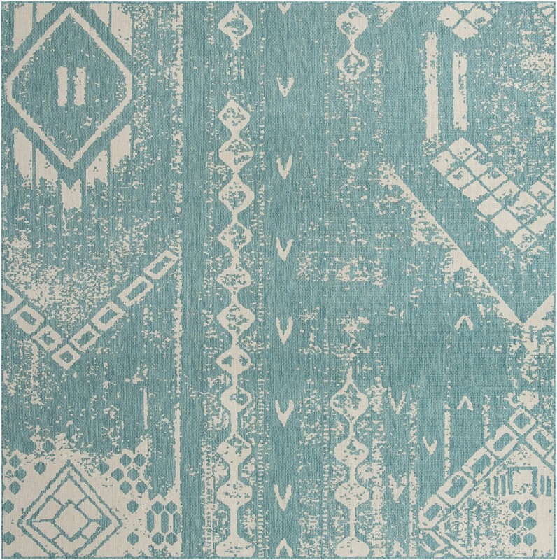 10' 8 x 10' 8 Wildman · Tribal geometric Outdoor Rug, aqua and ivory