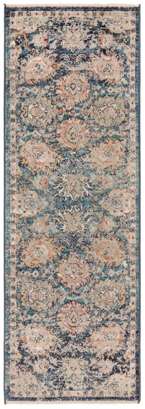 2' x 6' Ansel · Distressed floral rug, blue and tan